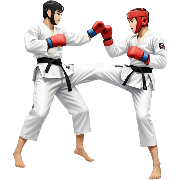 Two taekwondo fighters in traditional white doboks with black belts compete in a dynamic match. One delivers a high kick, while the other blocks using their knee. The background features a professional arena with bright lights and spectators. Transparent background. emoji