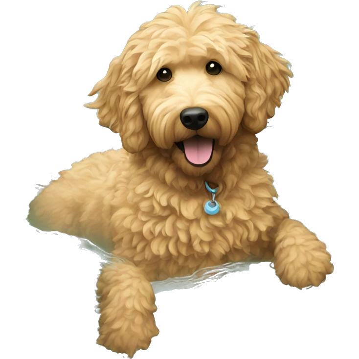 A golden doodle with wavy fur swimming in a pool emoji