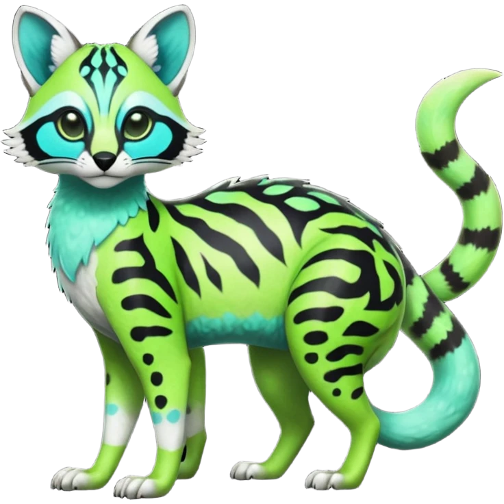 Rare realistic iridescent neon lime-green & cyan white black lush tropical exotic edgy epic pretty beautiful handsome gorgeous aesthetic colorful vibrant Vernid-Protogen-Primagen-Wickerbeast-Genet-Trico-species-Fakemon-hybrid-creature by LiLaiRa, beautiful intricate markings, full body emoji