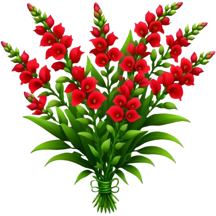 big bouquet red Snapdragon, luxuriant, leaf, bud emoji