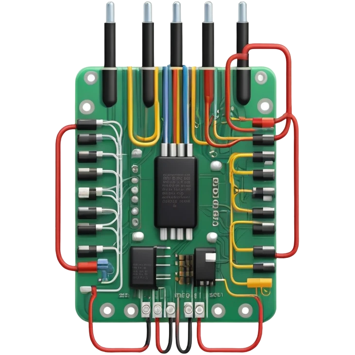 An icon featuring a circuit board, electrical wires, symbolizing electrical engineering. The design includes resistors, capacitors, and a power transformer, representing the study of electrical systems and innovation. Transparent background highlights modern electrical technology emoji
