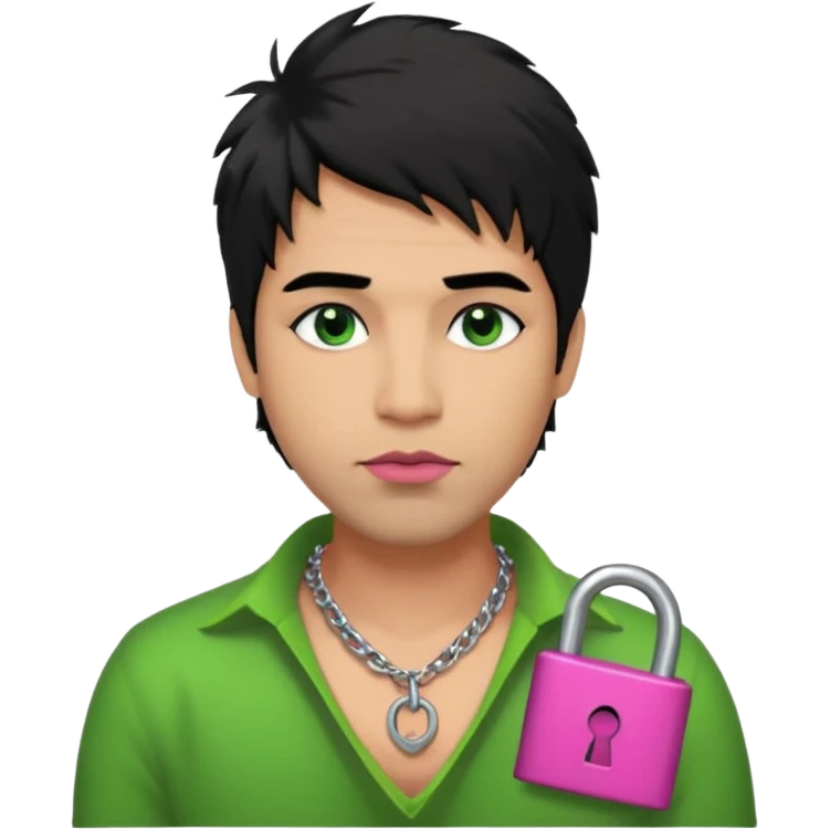 40 year old man with black shaggy hair, smudged black eyeshadow, pink plump lips with a green neck and wearing a silver necklace with a lock on it emoji