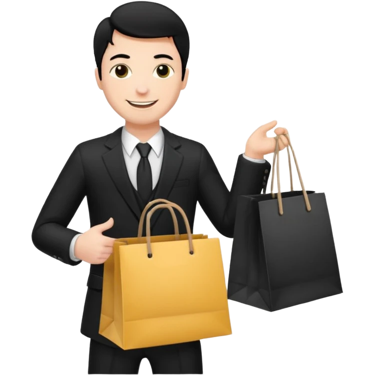 a white man black hair in a black suit with clothing shopping bag emoji