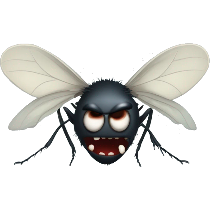 A midge (very tiny fly from scotland) looking like a vampire (with two protruding teeth), view from face/profile, looking like embarassed, looking cute emoji
