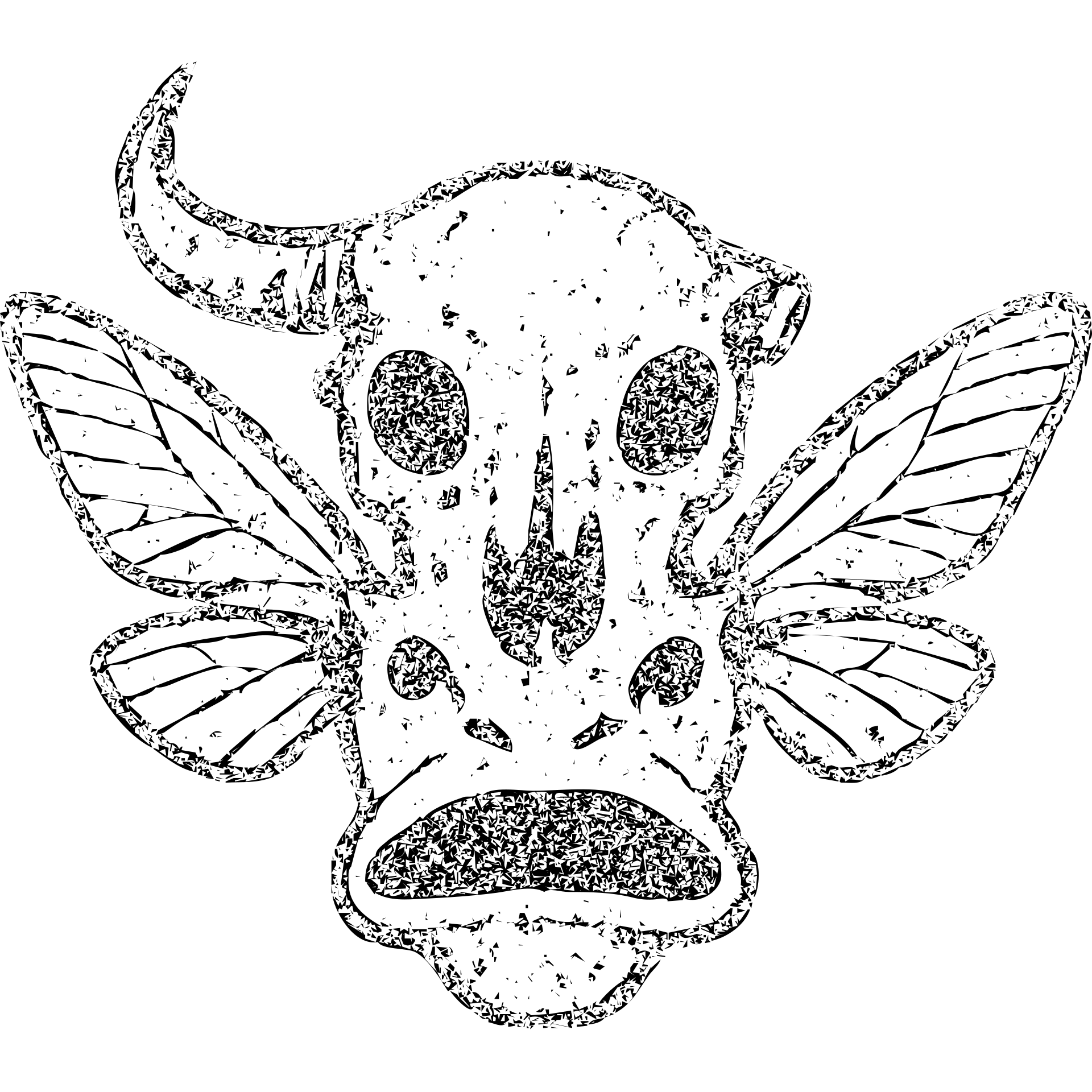 a horrifying minimal red line drawing of just a head merging minotaur skull with broken horn, stoat snout, frog mouth, and moth wings extending from the head, hollow transparent center, heavily distressed with incomplete outlines, worn texture, eroded sections, and scratched appearance, only thin red lines emoji