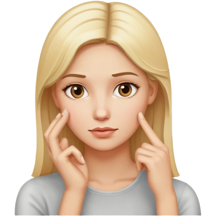 blond woman with a finger touching head to show she is thinking emoji