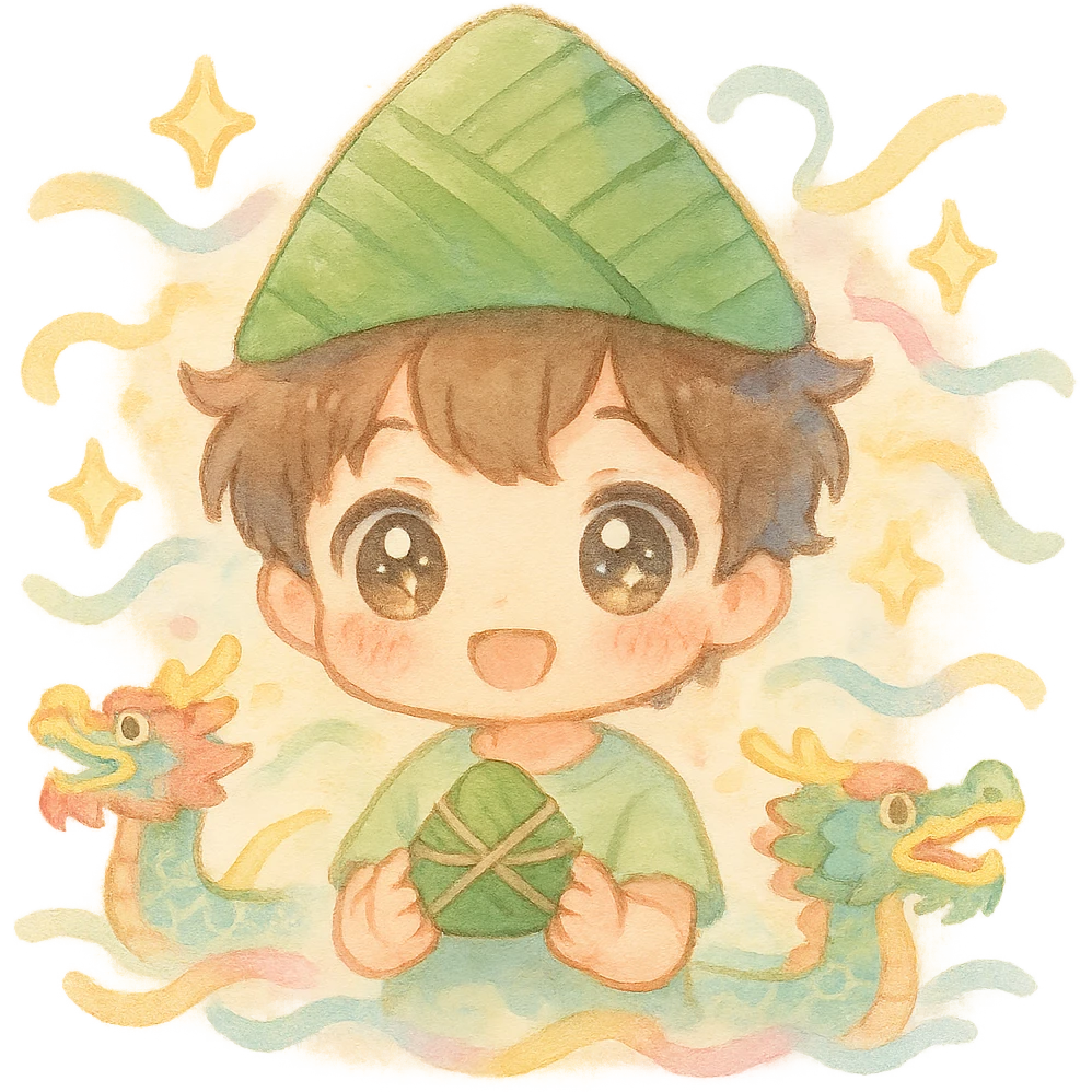 cute chibi boy with sparkling eyes, rice dumpling hat, holding a mini zongzi, surrounded by dragon boats, ribbons, star sparkles, pastel watercolor, fluffy soft lines emoji