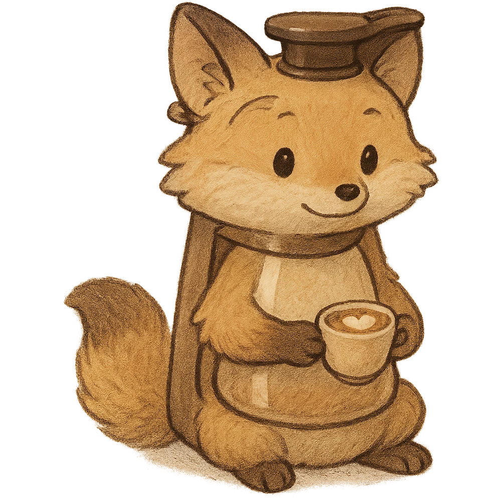 high-quality, visually appealing, normal-looking soft pastel fluffy fox designed as a coffee maker animal, holding a tiny latte cup, brown and beige tones, full-body, 电器拟动物风格 emoji