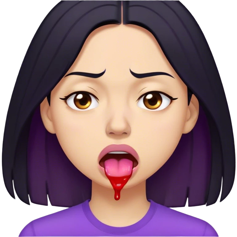 A digitally illustrated emoji-style character of a woman with shoulder-length black hair, wearing a purple shirt. Her expression shows extreme exhaustion or dehydration—her eyes are bloodshot and dry, her tongue is sticking out, and she has a single sweat drop on her cheek. The image has a clean white background emoji