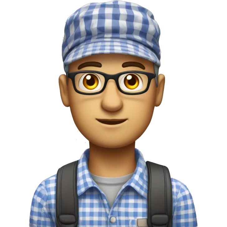school teacher u rad from ussr in a checkered shirt and with a cap on his head and doves and eyes hair short black emoji