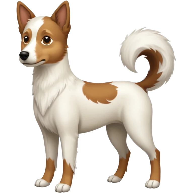 a full body white parsel russell looking dog the size of a kelpie with light brown ears and a light brown patch on one eye and a large snout emoji