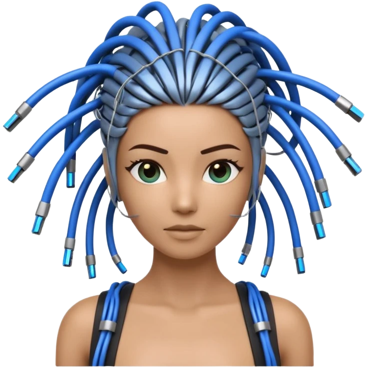 3D render of Wire Hair, futuristic cyborg aesthetic, fusion of organic skin and chrome metal, bundle of black and blue ethernet cables styled like hair, emoji style, isolated on white background --v 6.0. emoji