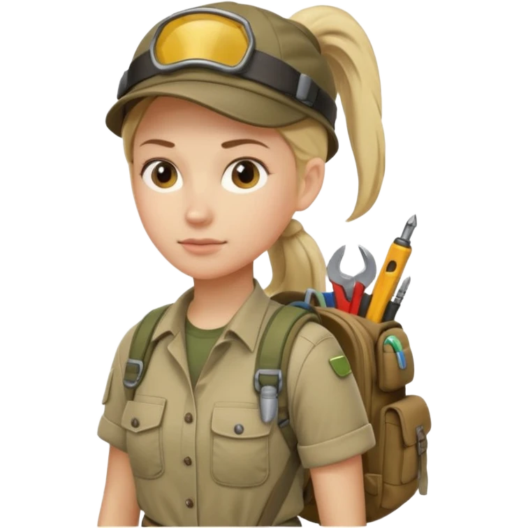 A female explorer with ponytail, backpack full of tools, confident and determined.
 emoji
