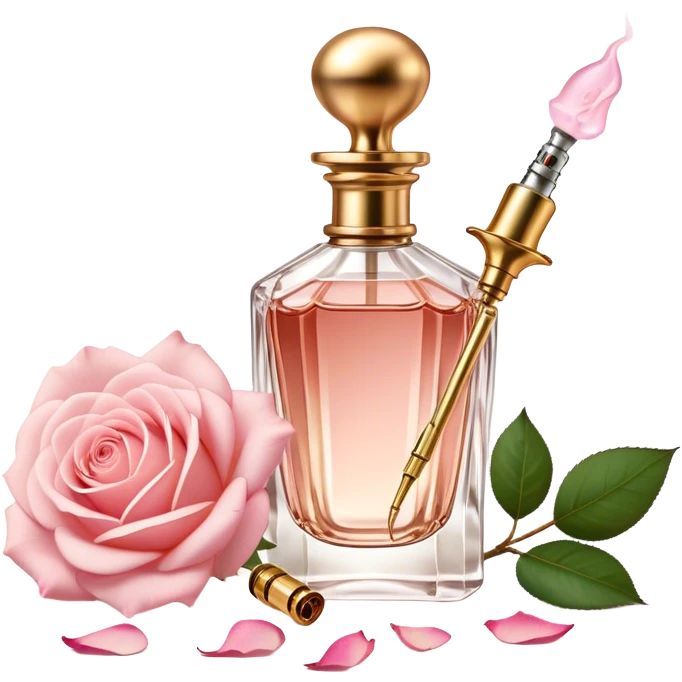 A vintage perfume bottle with a golden atomizer, surrounded by soft pink rose petals. emoji