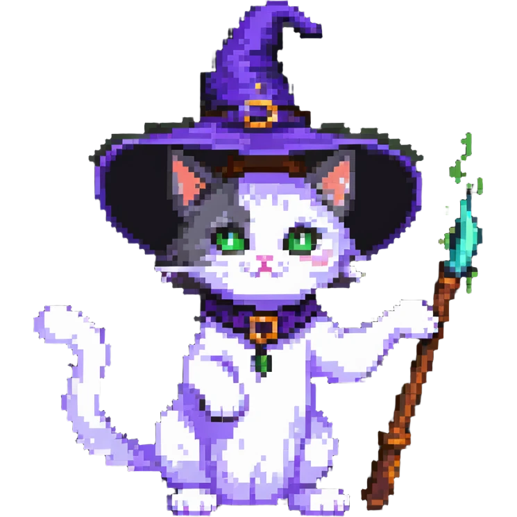 witch cat with a visible paw, cat wearing a witch hat, casting a spell emoji