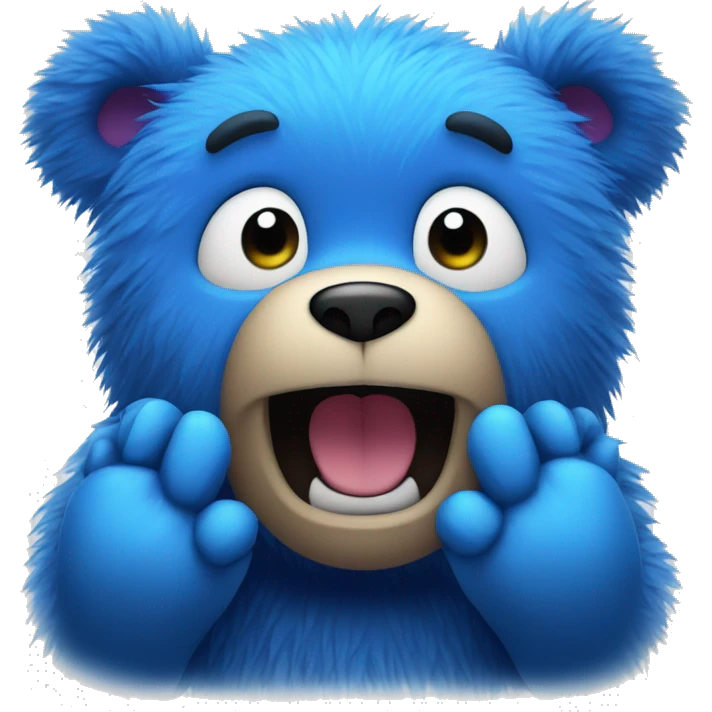 Blue fuzzy bear making a surprised face with hands on their face  emoji