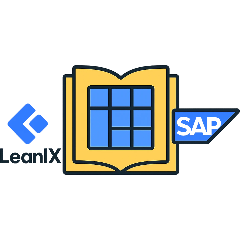 combined icon with LeanIX and SAP logos side by side and catalog (open book or grid) in center, unified minimal tech style emoji