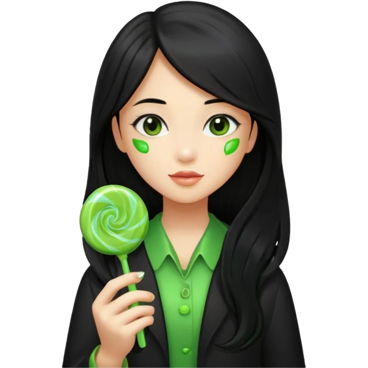 A girl with long black hair holding a piece of green hard candy in one hand and a green candy wrapper showing a guava on it in the other hand emoji