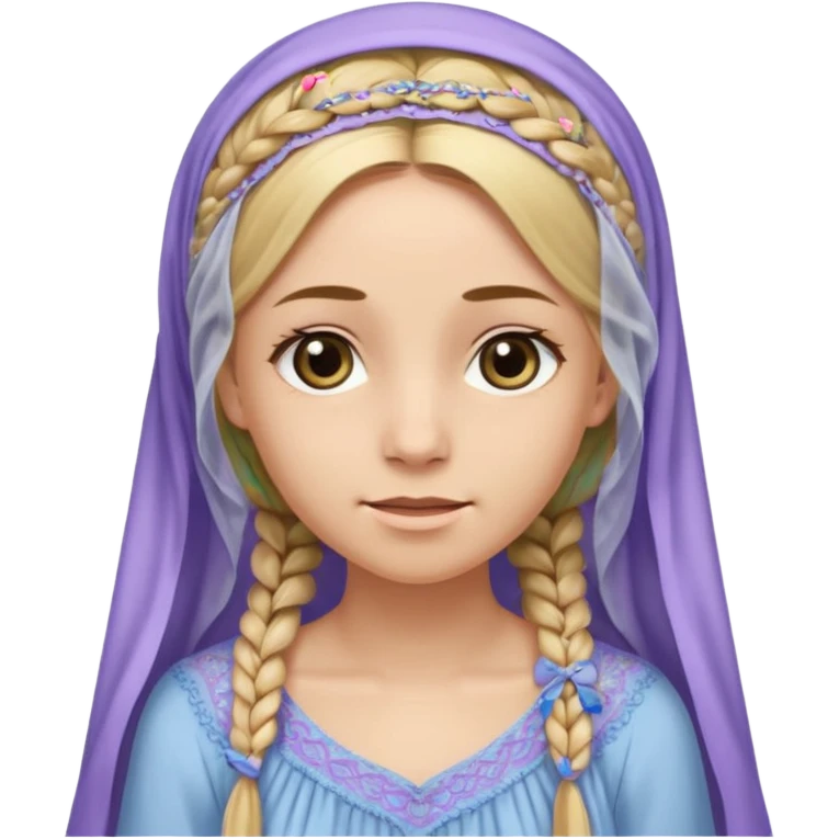 
mujer, Joven, de aspecto dulce y elegante.
Piel clara, ojos grandes y expresivos, sonrisa triste.
Rubio o castaño claro, largo, con trenzas o velo.
Vestido largo cubriendole los zapatos, çde tonos suaves (blanco, azul o lavanda), con bordados dorados; toca fina cubriendo la cabeza. emoji