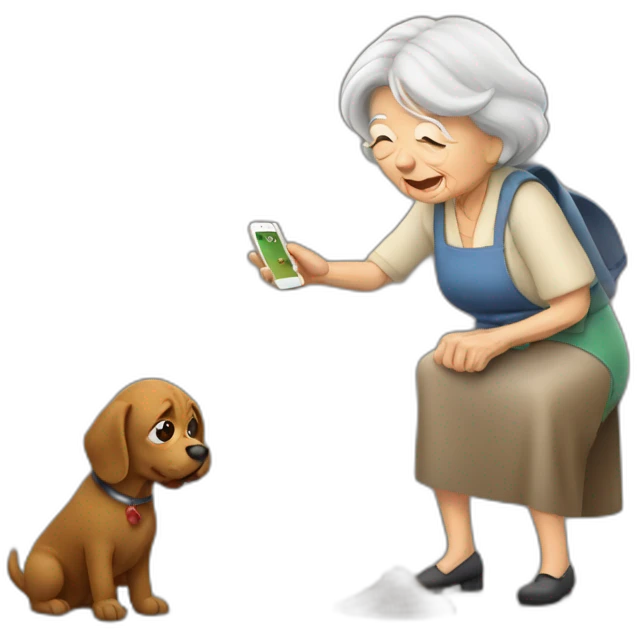 Old woman take picture of dog poop with iPhone  emoji