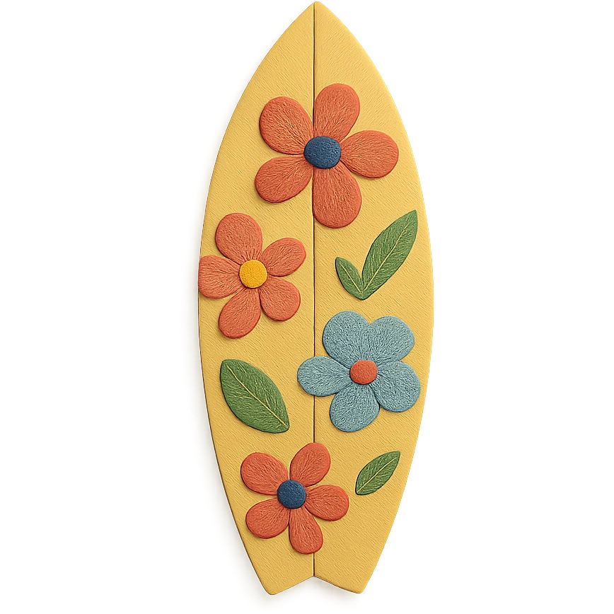 surfboard with floral patterns, paper craft style, Hawaiian party emoji