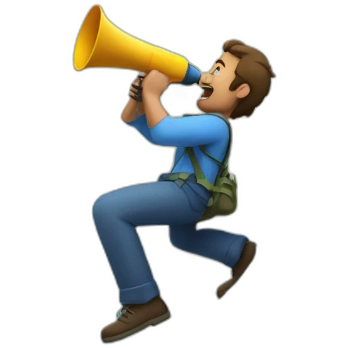 A man climbing a mountain while shouting on a megaphone emoji