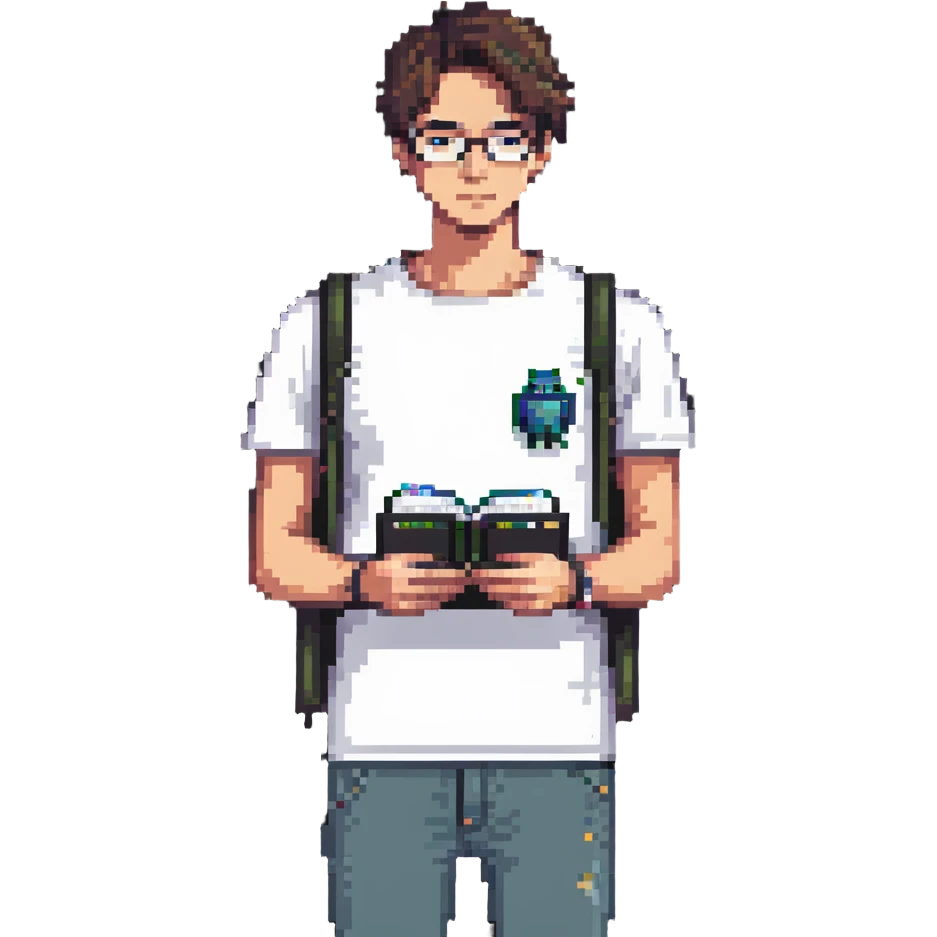 programmer wearing a white t-shirt, holding a notebook emoji