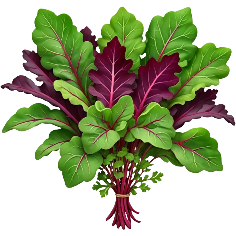 mesclun salad mix small cluster of baby leaves arugula spinach red chard frisée oak leaf lollo rosso varied shapes greens purples reddish veins delicate edges curls natural irregularities fresh soft highlights no water drops 3D clean minimal soft shadows transparent background emoji scale emoji