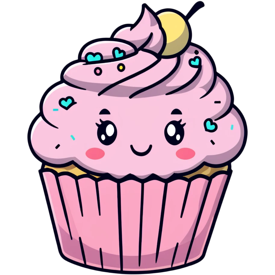 pastel pink cupcake with cute face and sprinkles emoji