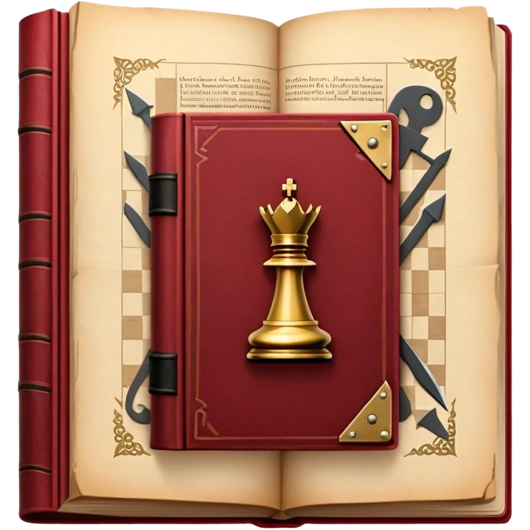 A dark crimson red book with black and gold details, a rugged leather texture, and an emblem of crossed swords, a knight chess piece, radiating strategy, discipline, and the art of power number 33 emoji