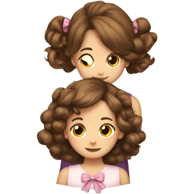 two girls hugging with bows if their hair, brown hair  emoji