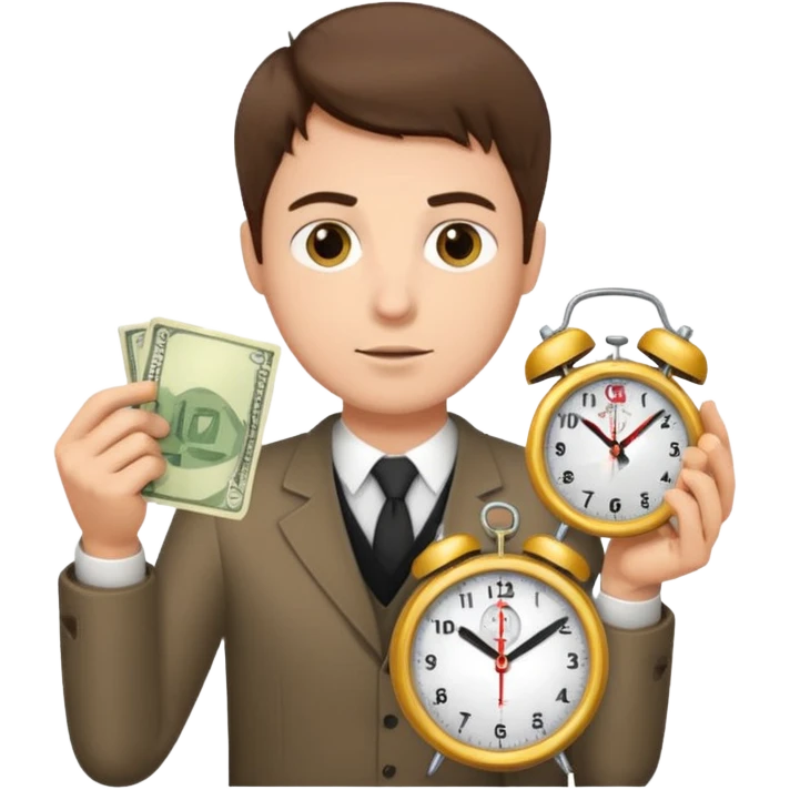 A man with short brown hair holding an alarm clock and money emoji