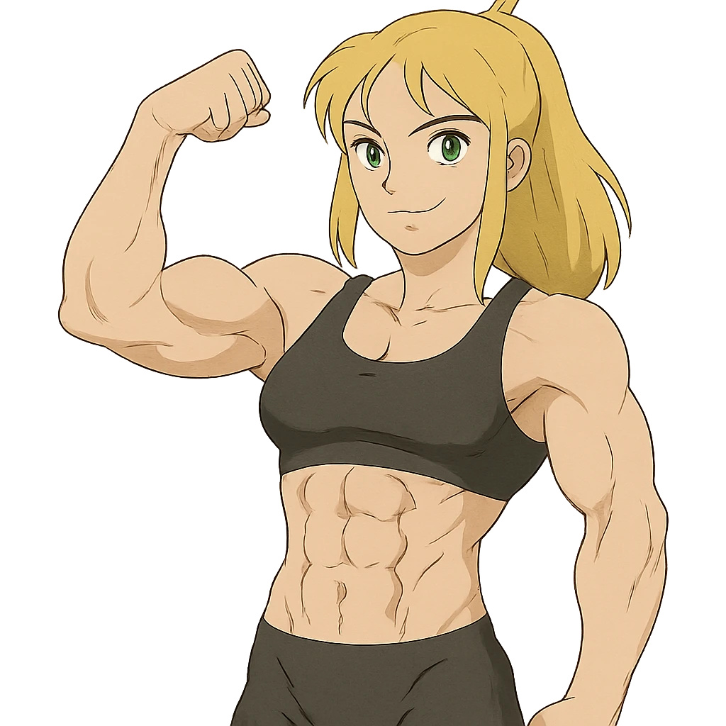 muscular white girl with blonde hair and green eyes, flexing 6 pack abs and one arm bicep emoji