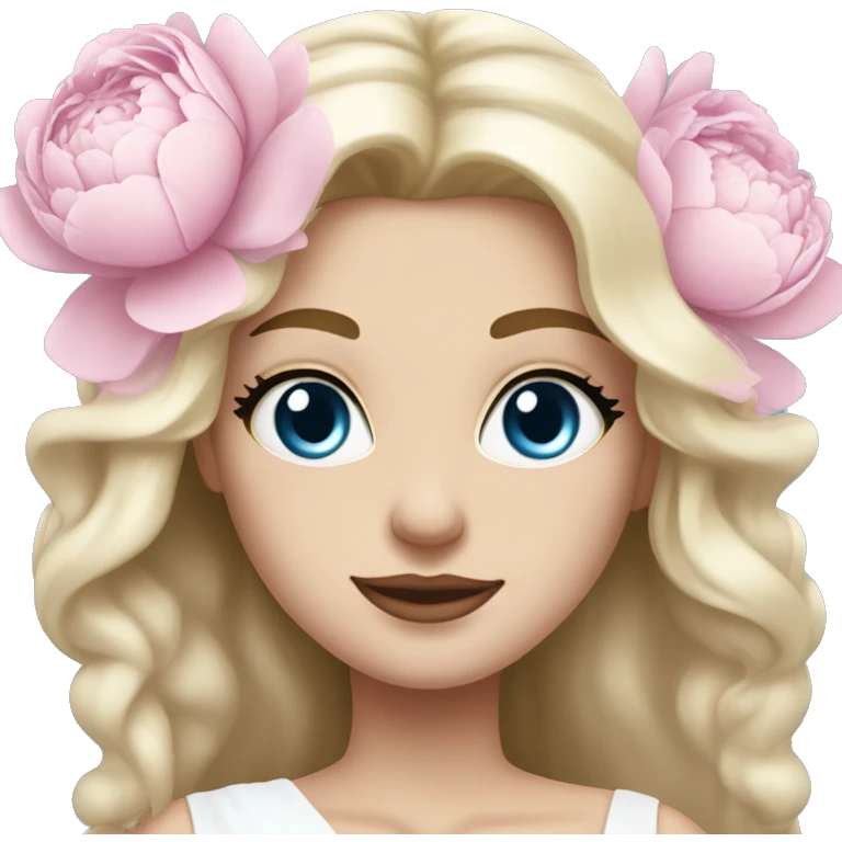 White bride with long light blonde hair and blue eyes with light pink peonies in hair white skin  emoji