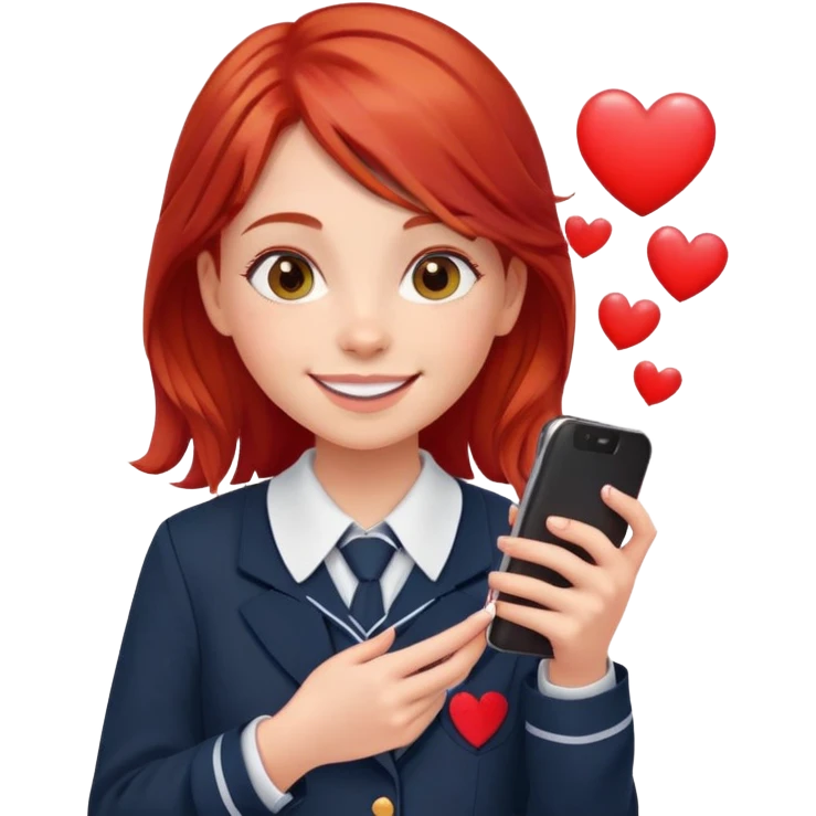 smiling girl in school uniform with red hair phone and like hearts emoji