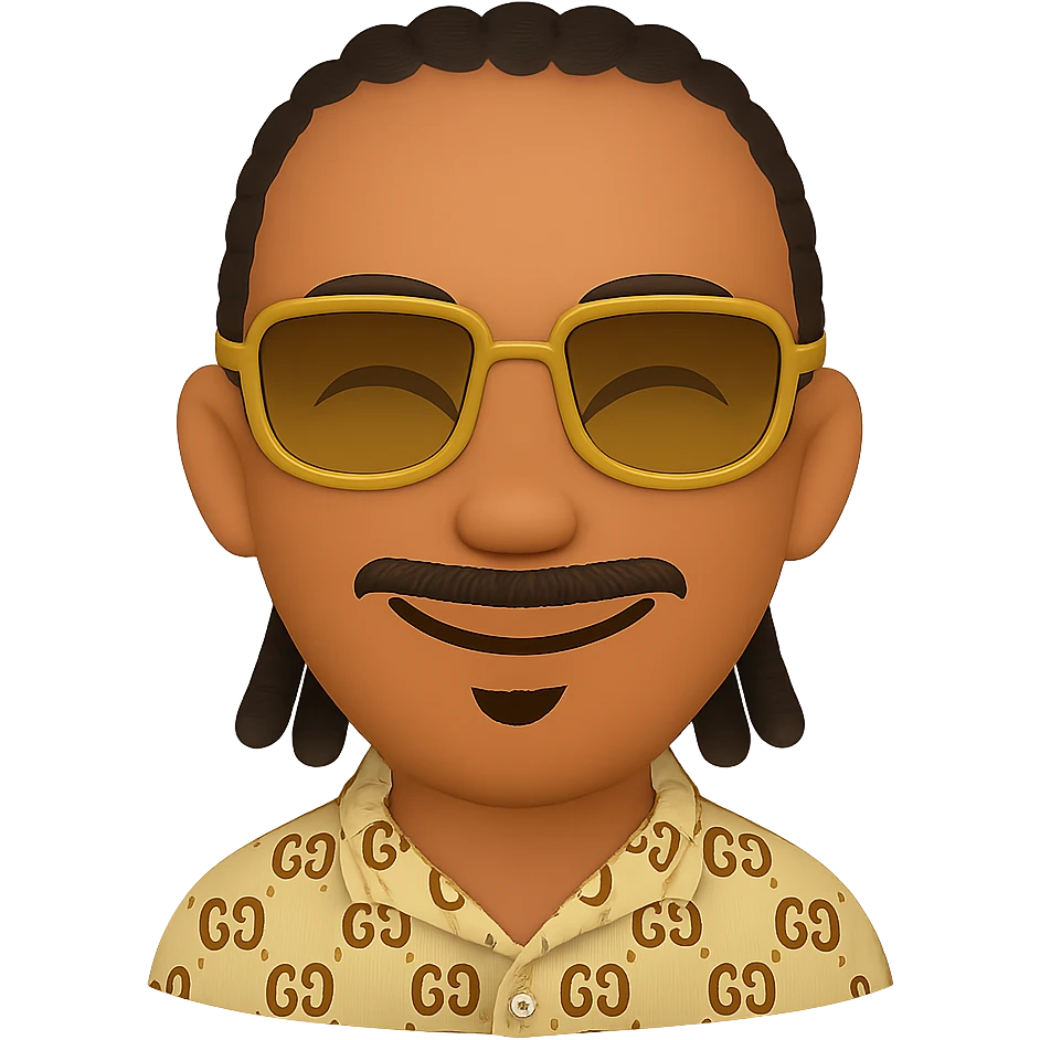 Create an emoji style smiley with a thin head, slightly lighter skin tone, beard only on the chin (no hair under the lower lip), mustache only above the upper lip, no hair under the lower lip, detailed black braided hair, rectangular golden sunglasses, beige top with GG pattern and visible collar, transparent background. Add a smile to the face. emoji