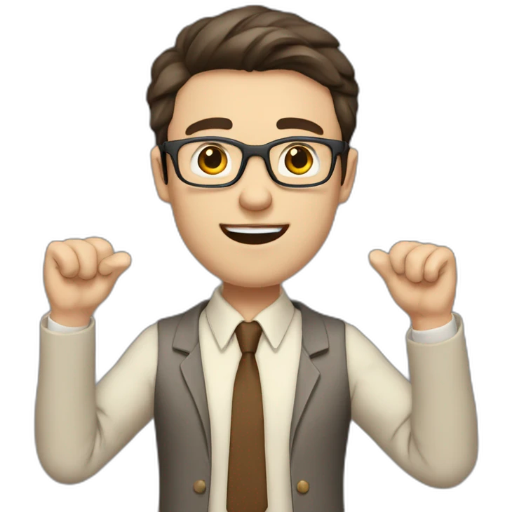 To belt Actively gesturing with hands Pale skinned fit man with dark brown hair in gray jacket, beige office shirt, brown tie, brown pants and vintage glasses. emoji