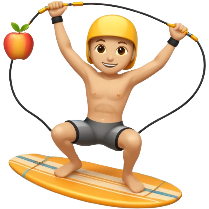 "Apple 3D emoji-style character wakeboarding mid-jump, with arms extended holding an orange rope, legs slightly bent on a yellow board. Stylized water splash behind. Emoji face, rounded body, bright and clean Apple shading." emoji