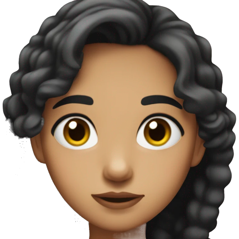 Girl with black hair , mad , her hair is not curly neither straight its ondulated hair , it's short and she has brown eyes and she has a bow that its pink on her hair emoji