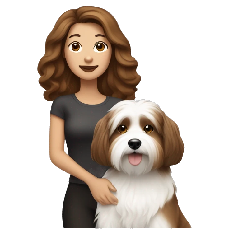 caramel skinned middle aged woman with brown hair, with black+white havanese dog emoji