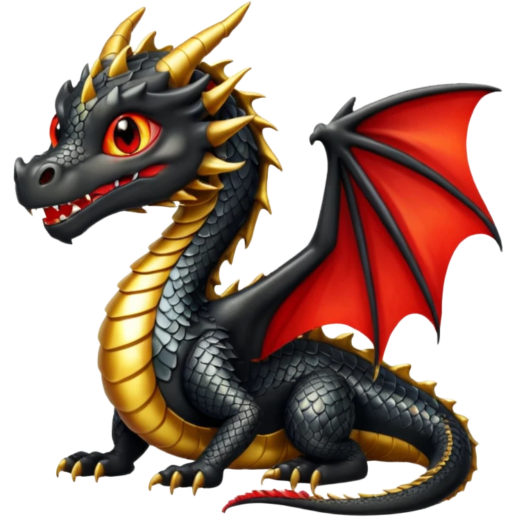 The image depicts a dragon resembling the dragon symbol from ancient Japanese mythology, combining the colors gold and black. It is bright and shiny, with clear colors, and the background of the image is transparent. The dragon embodies these colors, has red eyes, and is complete. emoji