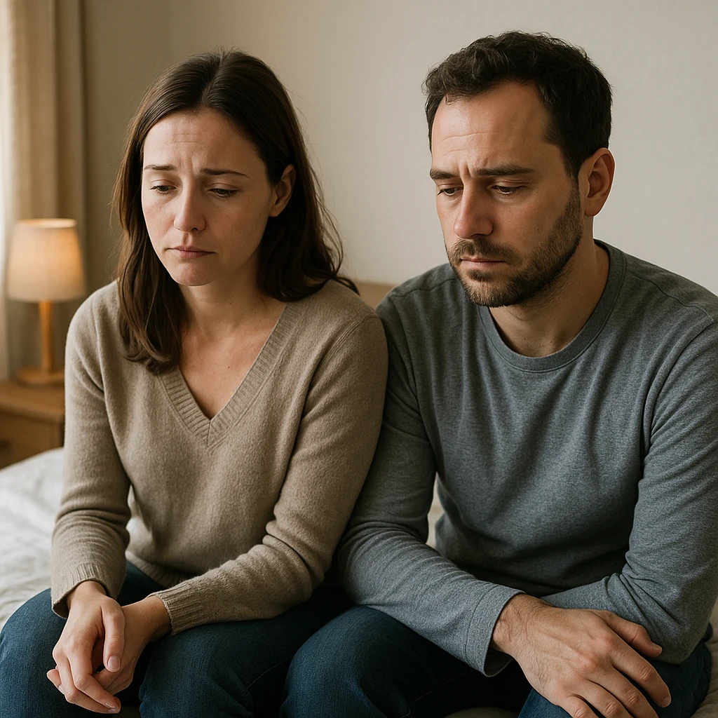 realistic image of a sad couple sitting together in a home or bedroom setting, both looking disappointed and distant, conveying a respectful and sensitive tone, no explicit details emoji