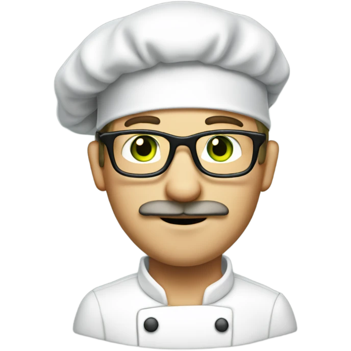Man with light brown hair, green eyes, mustache, long face, light skin, and glasses wearing a chef hat emoji