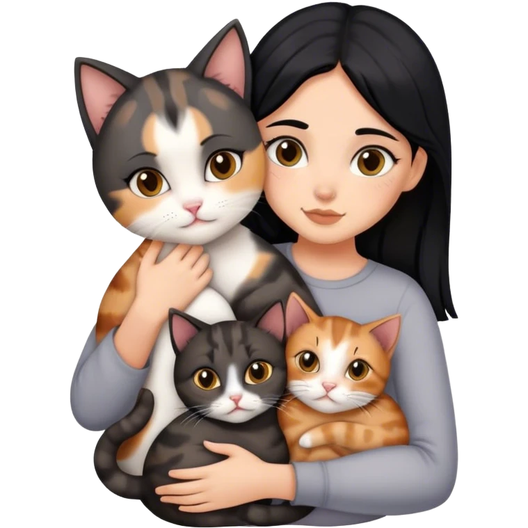 girl with black hair hugging three cats  (tortie cat, gray cat, brown calico cat) emoji