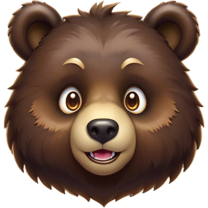 Cinematic Comical Bear Portrait Emoji, Head tilted dramatically with an exaggeratedly amused expression, featuring a striking, glossy dark brown fur with bold fur texture, wide, expressive eyes filled with playful disbelief, Simplified yet hilariously expressive features, highly detailed, glowing with a slightly sassy glow, high shine, dramatic yet playful, stylized with an air of cheeky wilderness mischief, bright and endearing, soft glowing outline, capturing the essence of a spirited and over-the-top bear, so meme-worthy it feels like it could roar its way into internet fame instantly! emoji