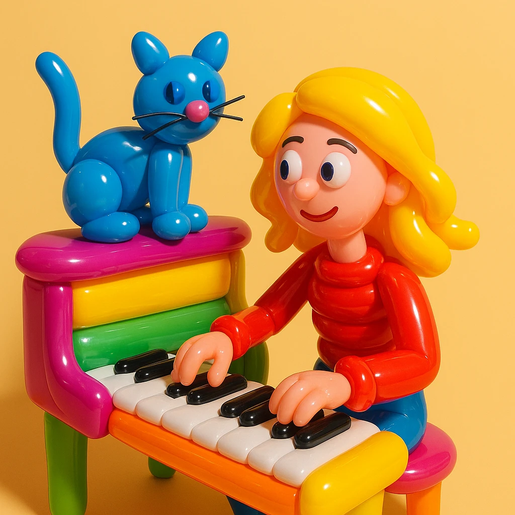 woman playing piano while her cat sits on top of the piano emoji