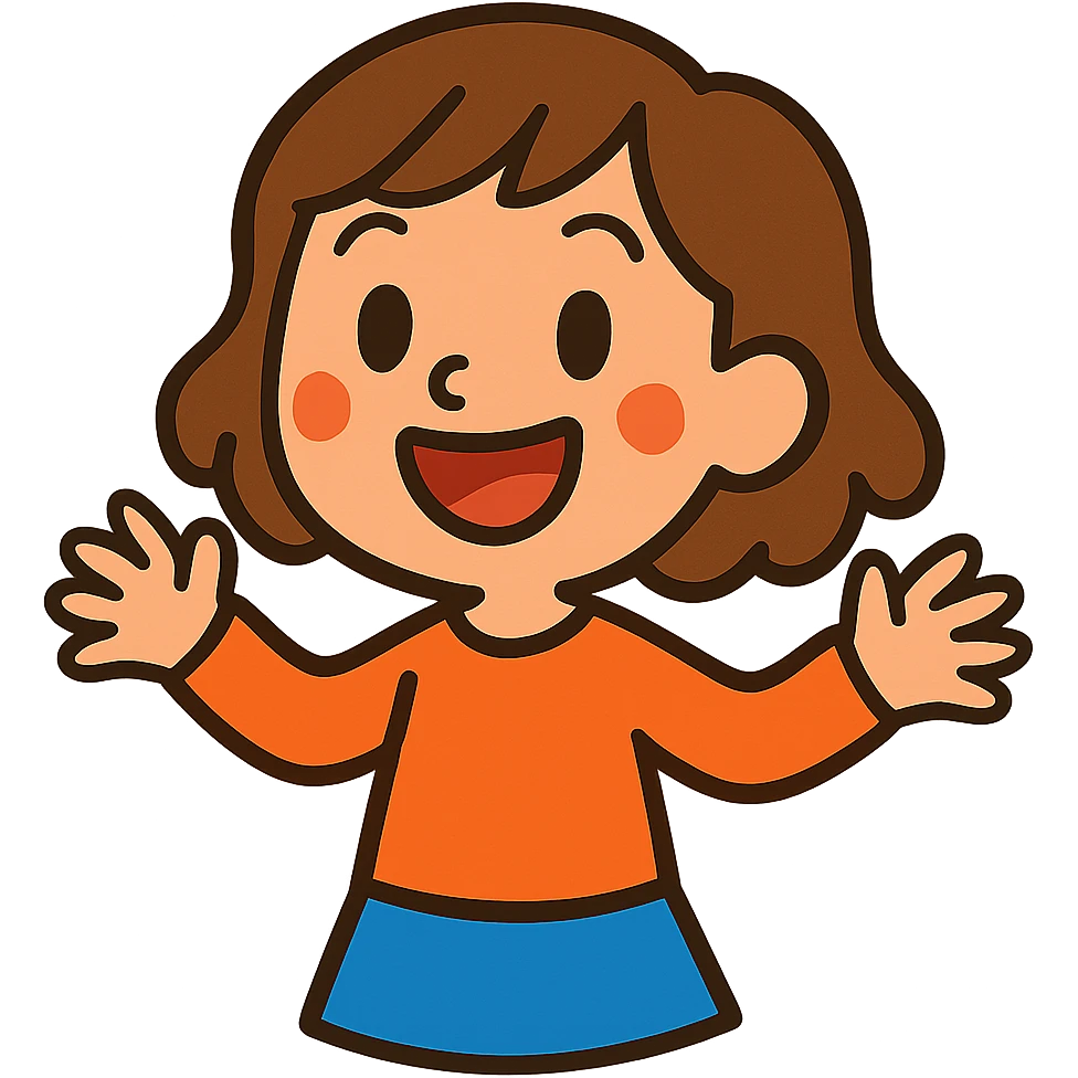 a girl with brown, slightly wavy hair, cartoon style, cheerful emoji