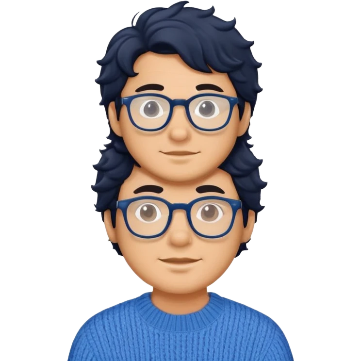 Man with wavy black hair in a comfortable blue sweater and glasses emoji