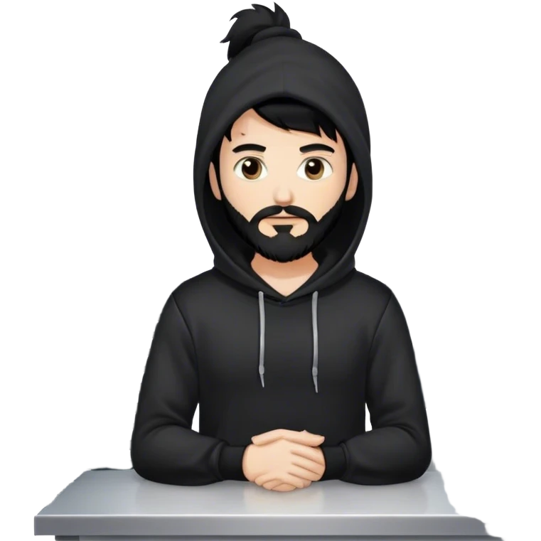 hackeur blanc cheveux noir barbe et capuche noir à côté d'un server emoji