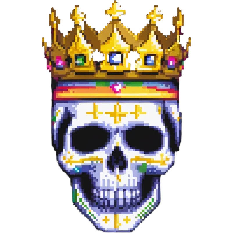 pixel art of a colorful skull with vibrant colors, wearing a gold crown and a bright ski mask emoji